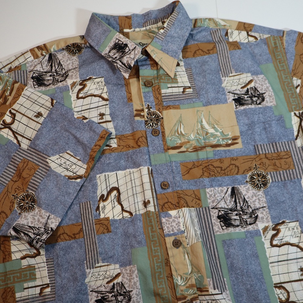 Cooke Street Button Down Shirt Mens L Blue Nautical Map Sailboat Cotton Aloha